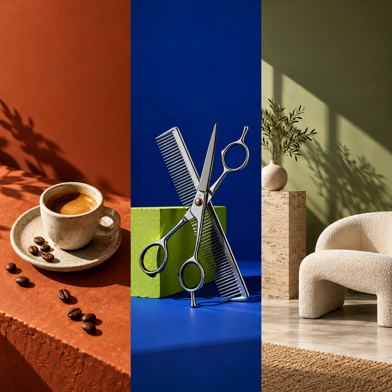 Kahve, berber araçları ve iç mekân için üç özgün kampanya görseli / Three original campaign visuals: coffee, barber tools and an interior